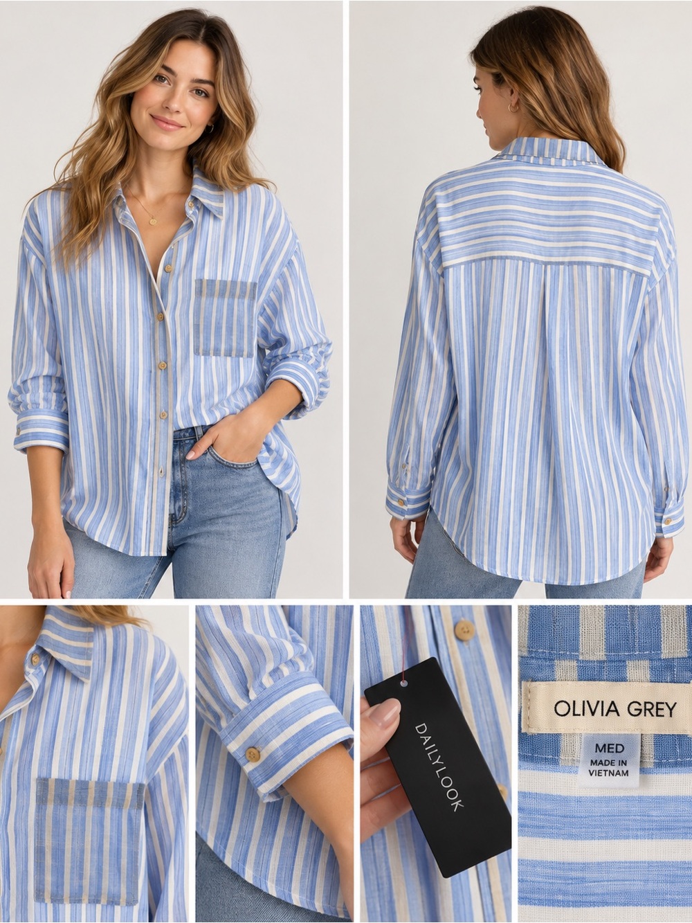 Olivia Grey Blue Multi-Stripe Button-Down Shirt
